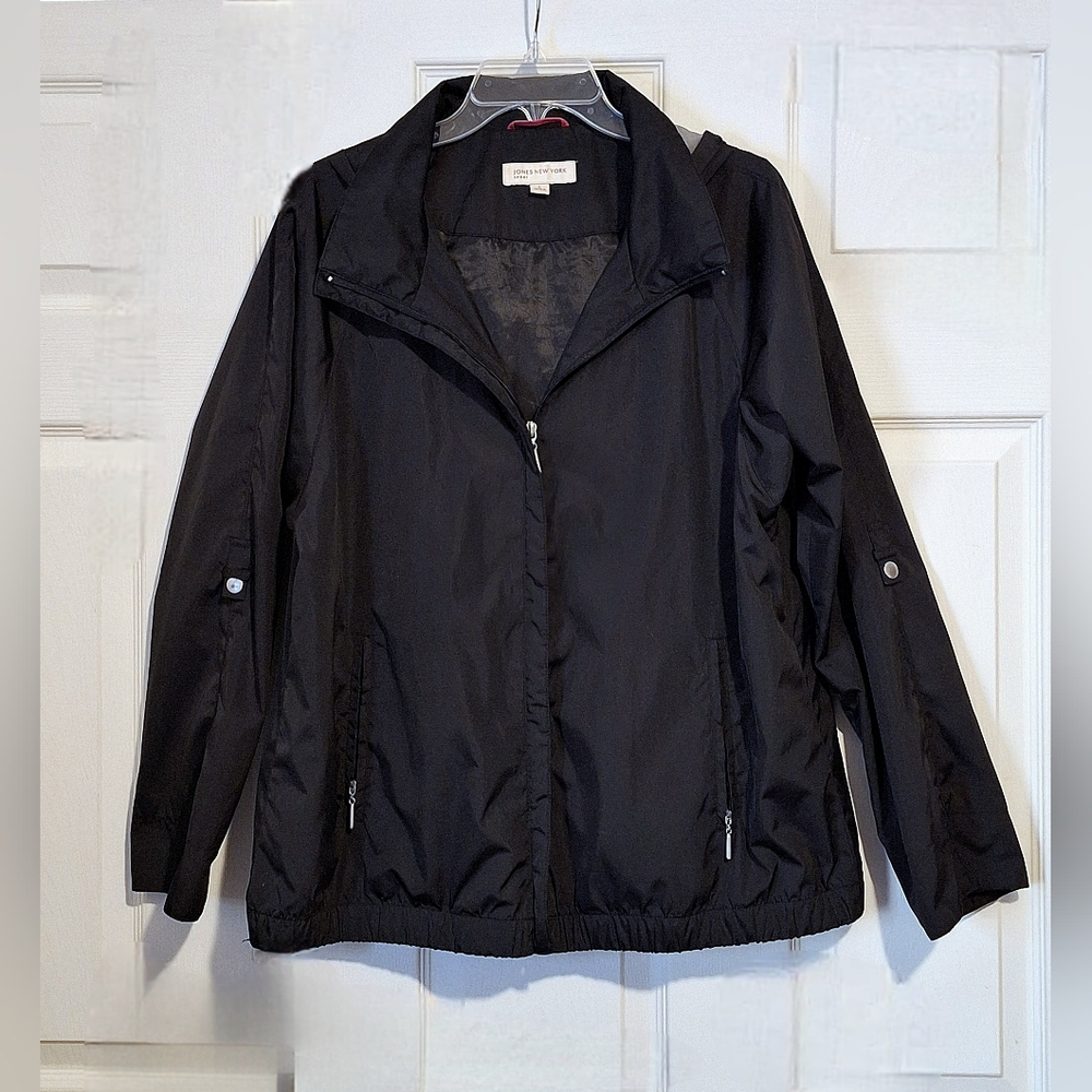 'Jones New York Sport' black & pink Windbreaker jacket, rain jacket, lined Sz. L - Picture 2 of 8